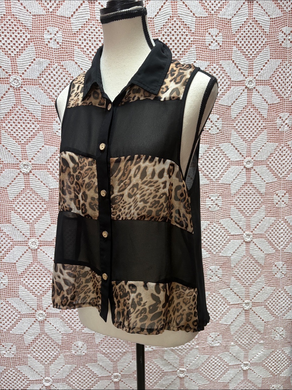 Y2K Sheer Leopard Patchwork Sleeveless Button Blouse sz 10